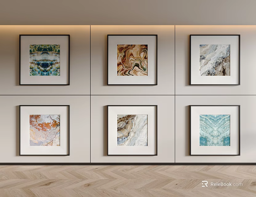 Six Framed Abstract Wall Art Pieces On Light Colored Wall With Herringbone Wood Floor 3d model 