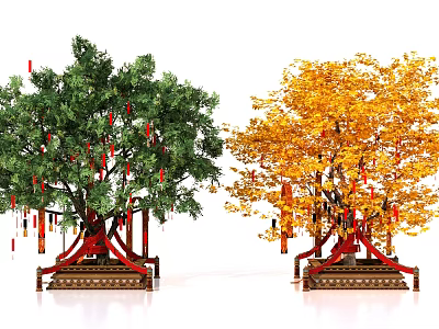 Two Arbor Trees With Green And Yellow Foliage Red Decorations Red Stands And Wooden Bases 3d model
