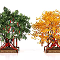 Two Arbor Trees With Green And Yellow Foliage Red Decorations Red Stands And Wooden Bases