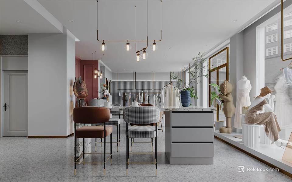 Modern Fashion Store Interior Design With Mannequins Pendant Lights Display Area And Tables 3d model 
