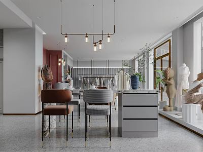 Modern Fashion Store Interior Design With Mannequins Pendant Lights Display Area And Tables 3d model