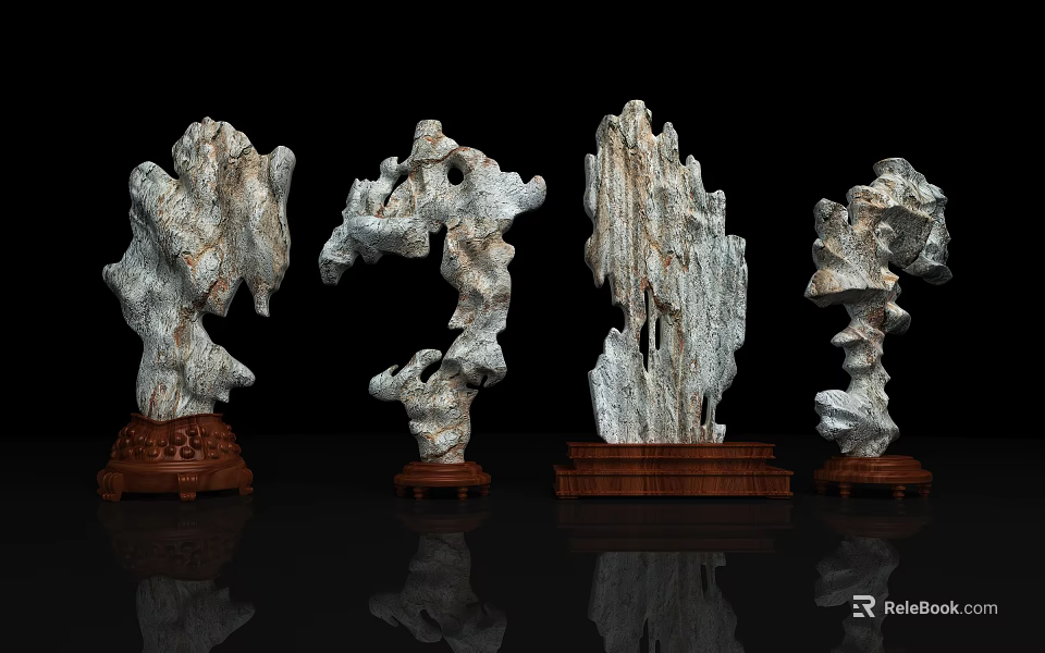 Artistic Decorative Ornament Set With Natural Stone Sculptures And Wooden Bases 3d model 