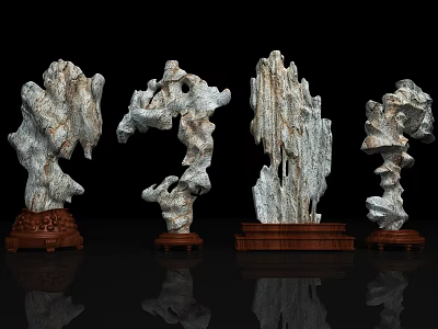 Artistic Decorative Ornament Set With Natural Stone Sculptures And Wooden Bases 3d model