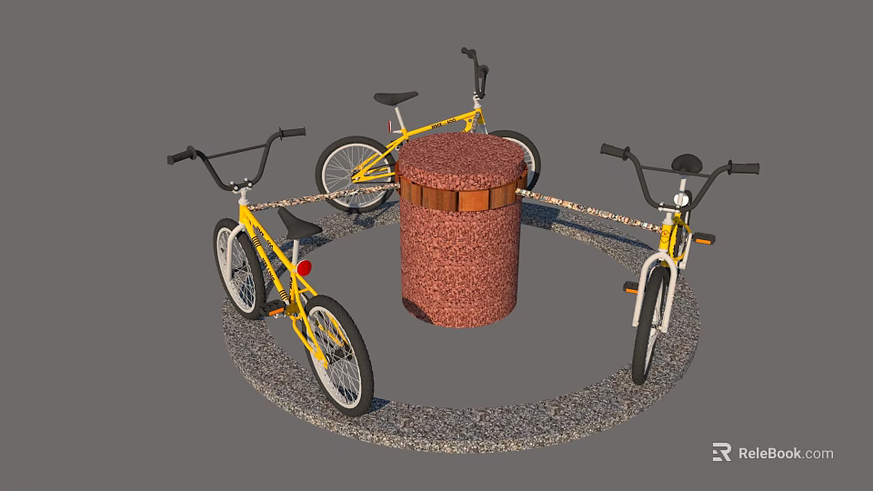 Three Yellow Bicycles Arranged Around Red Cylindrical Structure On Gray Gravel Ground 3d model 