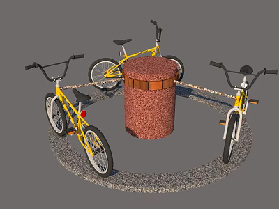 Three Yellow Bicycles Arranged Around Red Cylindrical Structure On Gray Gravel Ground 3d model