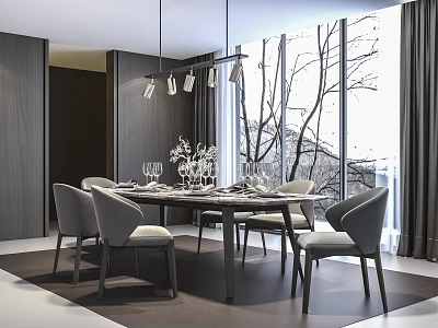 Modern Dining Table Set With Hanging Lights Large Windows And Stylish Chairs 3d model