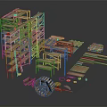 Wooden Construction Equipment With Multi layer Shelves Platforms Long Planks And Parts