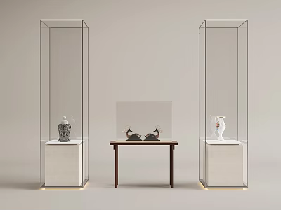 Modern Glass Display Shelves With Metal Frames White Bases Middle Wooden Table And Decorative Items 3d model