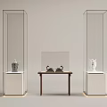 Modern Glass Display Shelves With Metal Frames White Bases Middle Wooden Table And Decorative Items