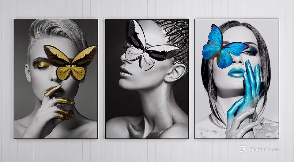 Female Portrait Paintings With Butterfly Decor In Gold Blue And Black White 3d model 