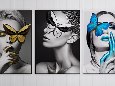 Female Portrait Paintings With Butterfly Decor In Gold Blue And Black White 3d model