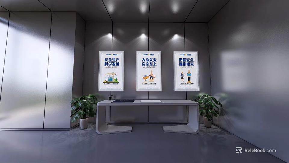 Commercial Equipment Display In Modern Room With Posters White Display Table And Lights 3d model 