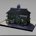 Charming Small Cottage Featuring Green Facade Black Roof Clock Tower Flowers And Bench