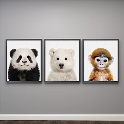Cute Animal Paintings of Panda Polar Bear and Monkey in Black Frames on Gray Wall 3d model