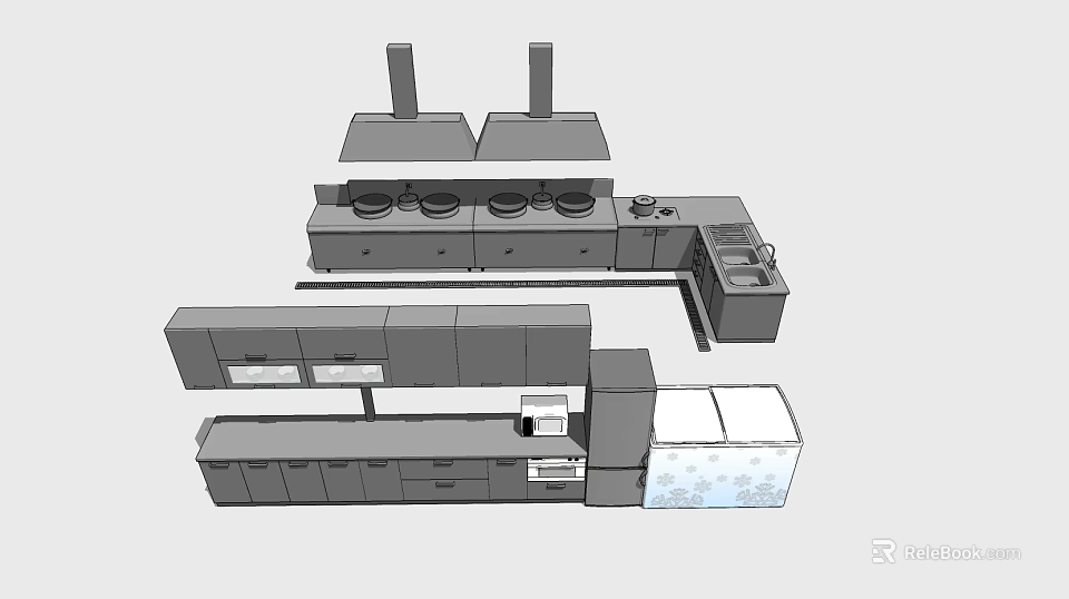 Modern Kitchen Layout With Stove Range Hood Cabinets And Refrigerator Appliances 3d model 