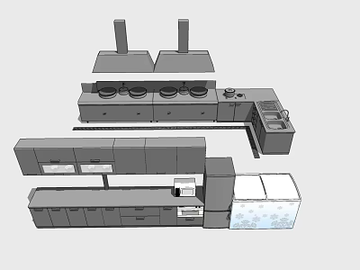 Modern Kitchen Layout With Stove Range Hood Cabinets And Refrigerator Appliances 3d model