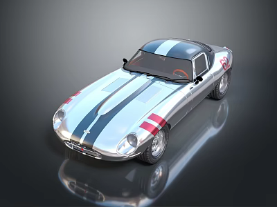 Vintage Silver Sports Car With Blue Center Stripe Red Accents Streamlined Body And Shiny Surface 3d model