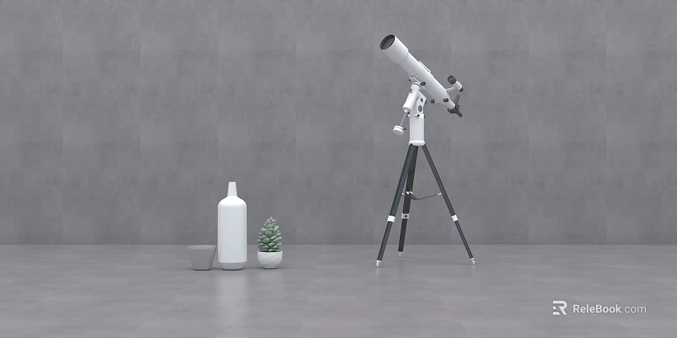 White Telescope On Tripod With White Bottle Small Potted Plant And Gray Cup 3d model 