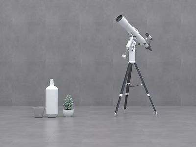 White Telescope On Tripod With White Bottle Small Potted Plant And Gray Cup 3d model