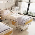 Adjustable Medical Beds In Hospital Room With Side Tables And Patient Care Equipment