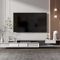 Modern TV Stand with Flat TV Decorative Deer Figurine Green Plant and Wall Lights