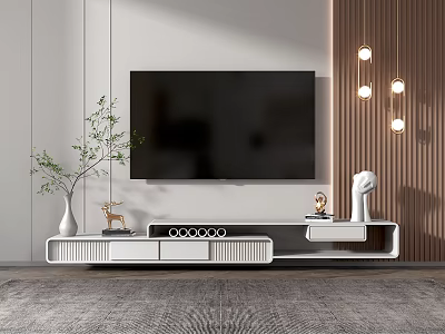 Modern TV Stand with Flat TV Decorative Deer Figurine Green Plant and Wall Lights 3d model