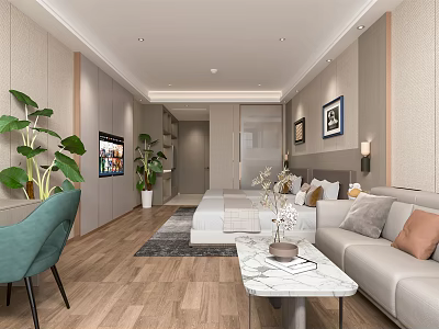 Modern Hotel Guest Room Interior With Sofa Marble Coffee Table Bed TV Plants And Paintings 3d model
