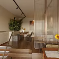 Modern Restaurant Interior With Sheer Curtains Large Windows Wooden Flooring And Sunflowers Decorations