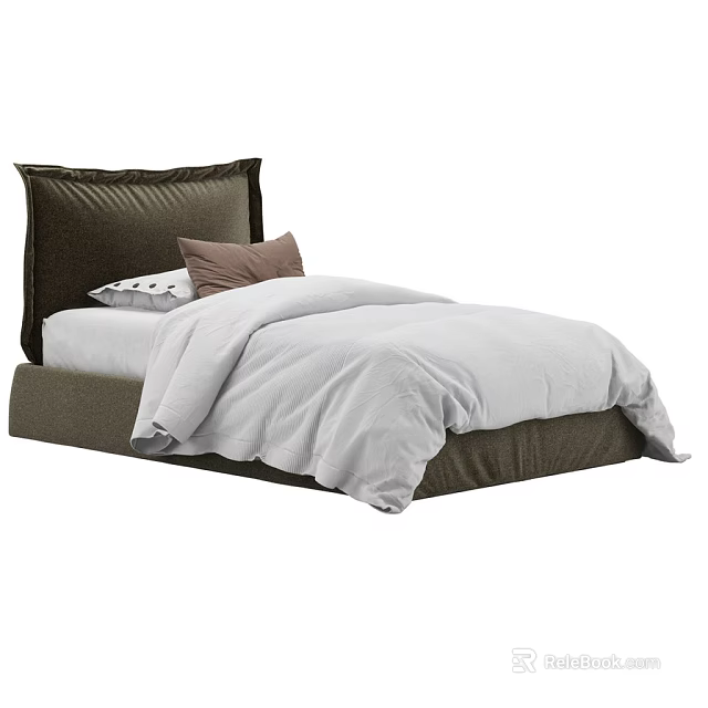 Cozy Single Bed With Modern Upholstered Headboard And Plush Pillows On Soft Mattress 3d model 