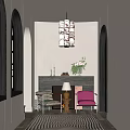 Elegant Entryway Hallway Interior With Armchairs Pendant Lamp Vase Flowers And Fireplace Decor