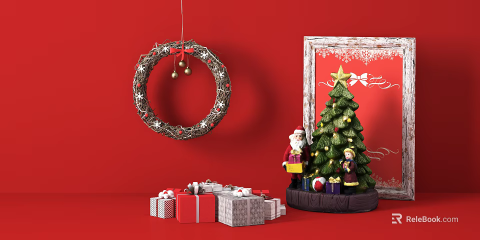 Christmas Decorative Ornament Set Featuring Wreath Small Tree Gift Boxes Photo Frame On Red Background 3d model 