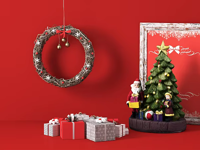 Christmas Decorative Ornament Set Featuring Wreath Small Tree Gift Boxes Photo Frame On Red Background 3d model