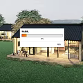 Modern Detached Villa With Black Tiled Roof Large Glass Windows Green Lawn And Trees