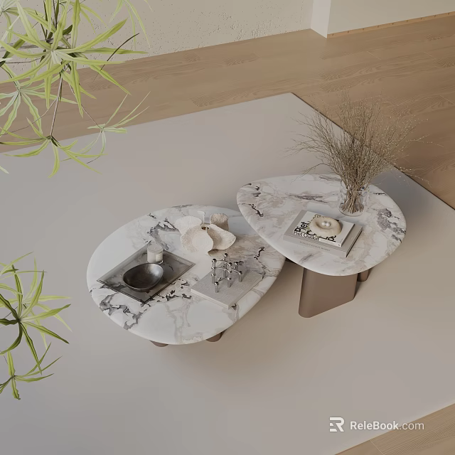 Modern Coffee Table Set With Round Marble Top And Decorative Plants Ornaments 3d model 