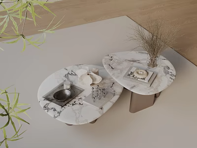 Modern Coffee Table Set With Round Marble Top And Decorative Plants Ornaments 3d model