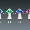 Women in Blue Green Pink Tops and White Pleated Skirts With Flower Decorations