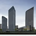 Modern High Rise Office Towers With Glass Curtain Walls And Landscaped Surroundings