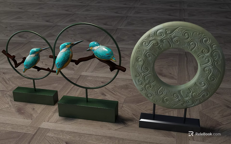 Elegant Decorative Ornament Set With Blue Birds Circular Frames And Green Patterned Ring 3d model 