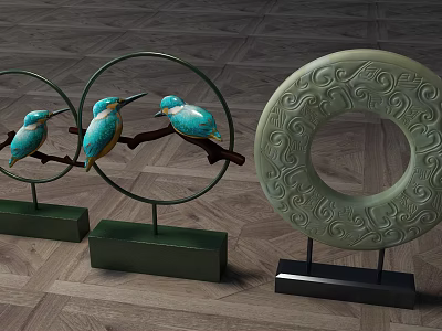 Elegant Decorative Ornament Set With Blue Birds Circular Frames And Green Patterned Ring 3d model