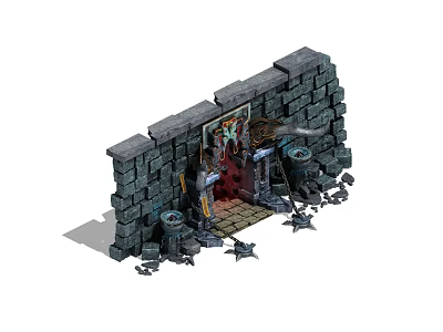 Mysterious Ancient Entrance Scenery Featuring Stone Wall Red Curtain and Scattered Star Shaped Objects 3d model