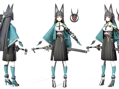 Anime Style Game Character With Cat Ears Long Black Hair Teal Cloak And Sword 3d model