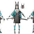 Anime Style Game Character With Cat Ears Long Black Hair Teal Cloak And Sword
