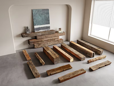 Natural Stone Wood Shelf with Wooden Planks and Decorative Painting by Window on Gray Floor 3d model