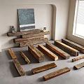 Natural Stone Wood Shelf with Wooden Planks and Decorative Painting by Window on Gray Floor