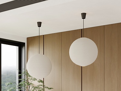 Japanese-style spherical chandelier restaurant chandelier paper lampshade Noguchi chandelier 3d model