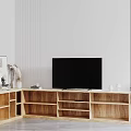 Modern Light Wood TV Stand With Flat Screen TV Storage Drawers And Potted Plant