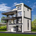 Modern Detached Villa With Multiple Balconies Large Glass Windows Green Lawn And Trees