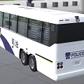 White and Blue Police Bus Exterior View With Official Logos Parked In Urban Area