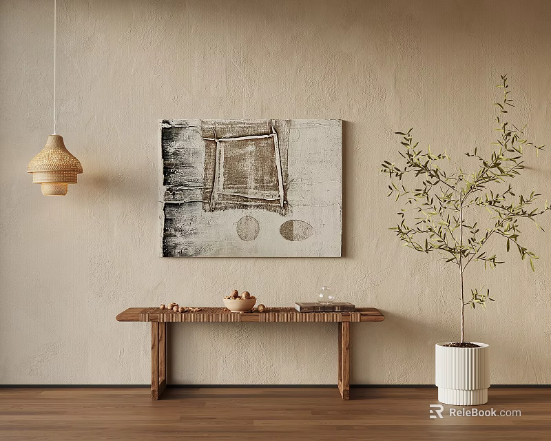 Wooden Bench with Textured Wall Abstract Painting Pendant Light and Small Potted Olive Tree 3d model 