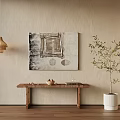 Wooden Bench with Textured Wall Abstract Painting Pendant Light and Small Potted Olive Tree